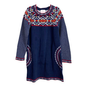 Hanna Andersson Fair Isle Sweater Dress Girls 120 6-7 Navy Blue Red